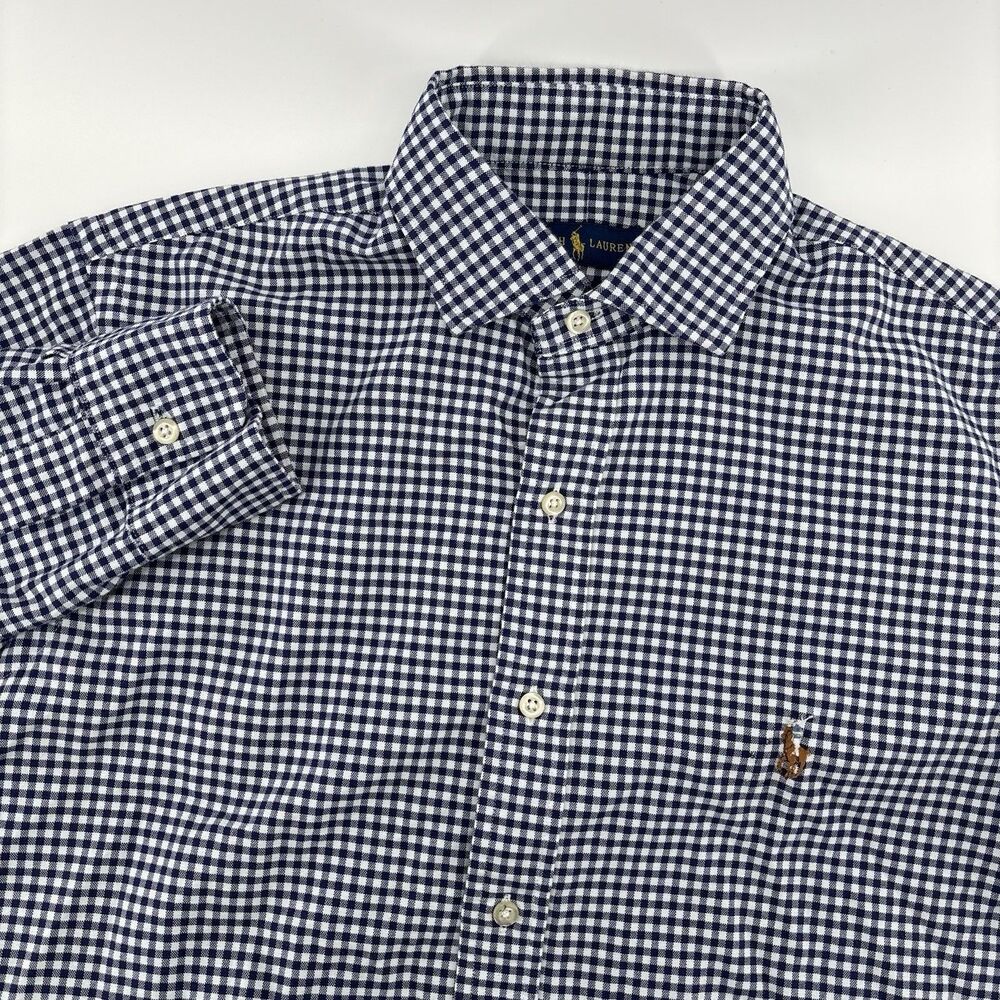 Ralph Lauren Indigo Oxford Navy Blue and White GIngham LS Medium Pony Logo shirt